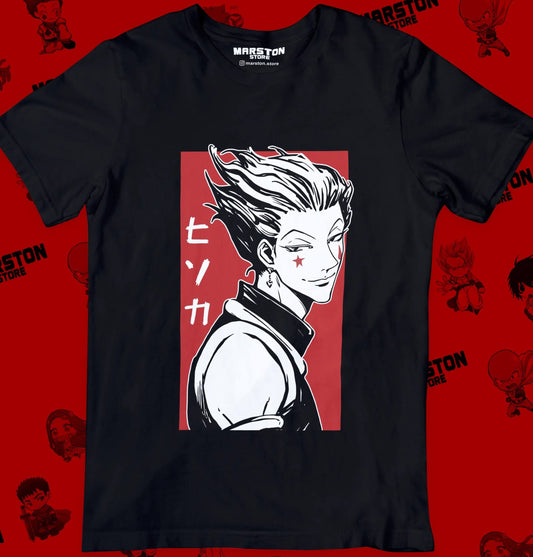 Polera negra Hunter x Hunter con diseño de Hisoka Morow