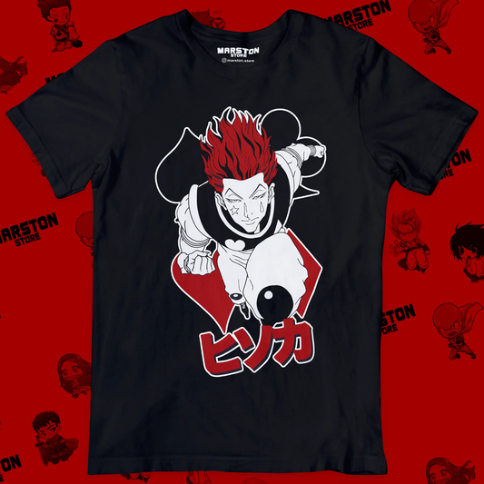 Polera negra Hunter x Hunter con diseño de Hisoka Morow
