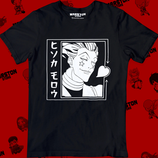 Polera negra Hunter x Hunter con diseño de Hisoka Morow