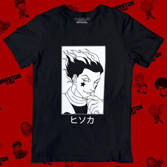 Polera negra Hunter x Hunter con diseño de Hisoka Morow