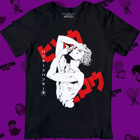 Polera negra Hunter x Hunter con diseño de Hisoka Morow