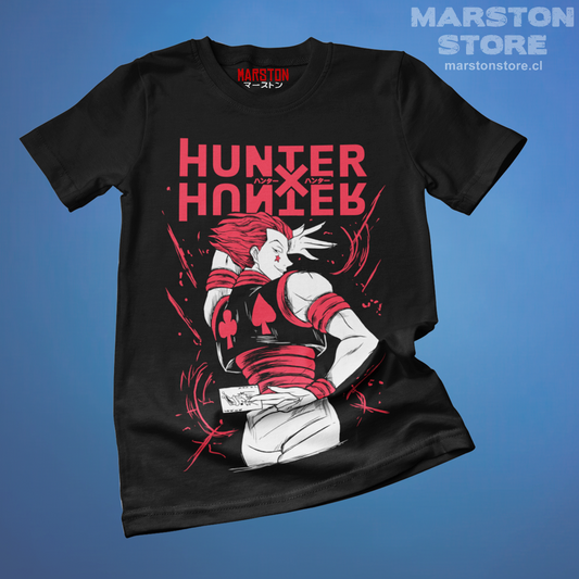 Polera negra Hunter x Hunter con diseño de Hisoka Morow