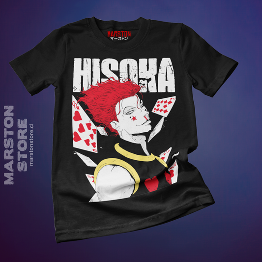 Polera negra Hunter x Hunter con diseño de Hisoka Morow