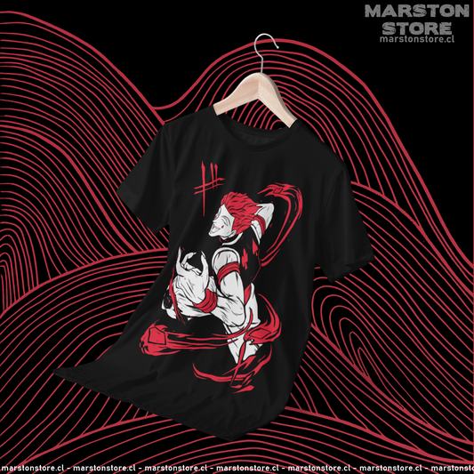 Polera negra Hunter x Hunter con diseño de Hisoka Morow