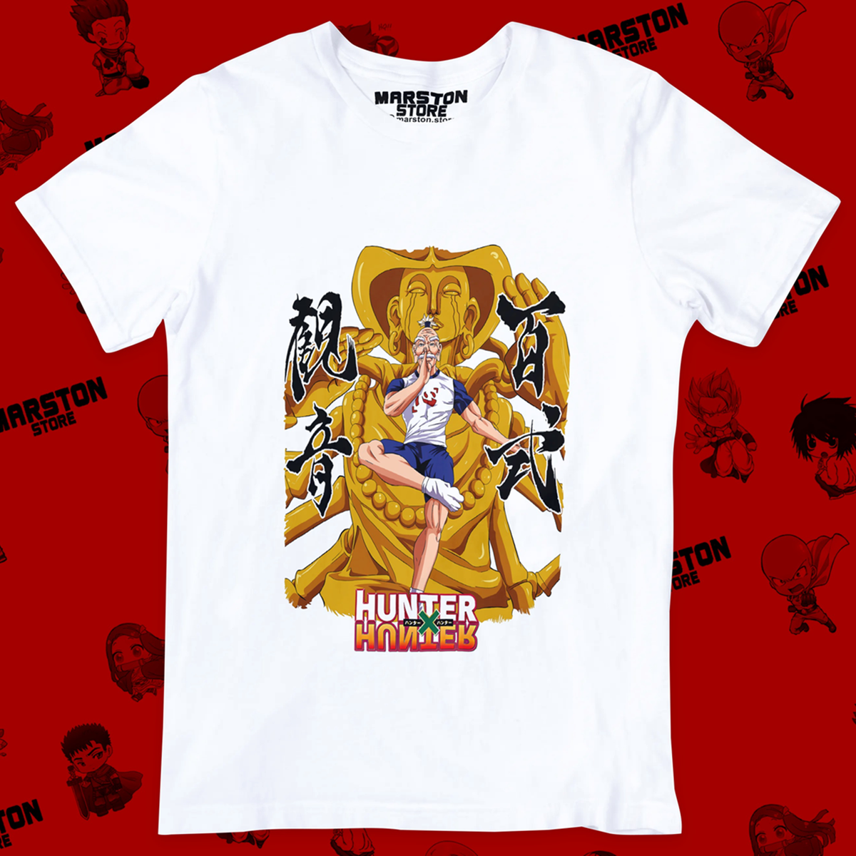 Polera blanca Hunter x Hunter con diseño de Isaac Netero