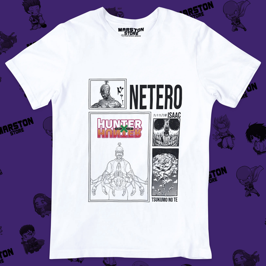 Polera blanca Hunter x Hunter con diseño de Isaac Netero