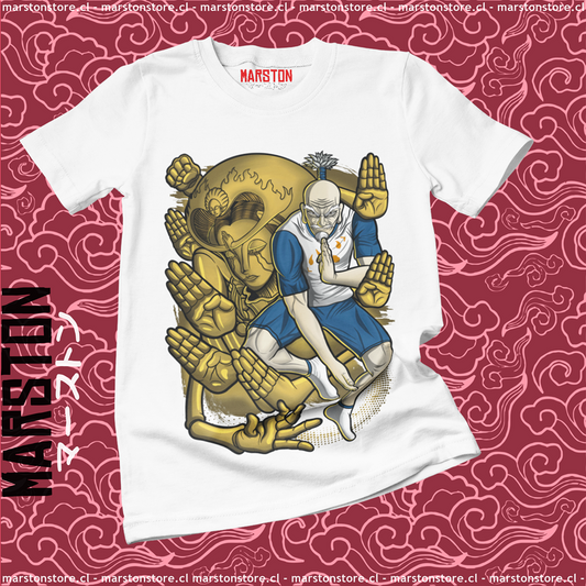 Polera blanca Hunter x Hunter con diseño de Isaac Netero