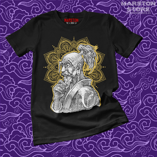 Polera negra Hunter x Hunter con diseño de Isaac Netero