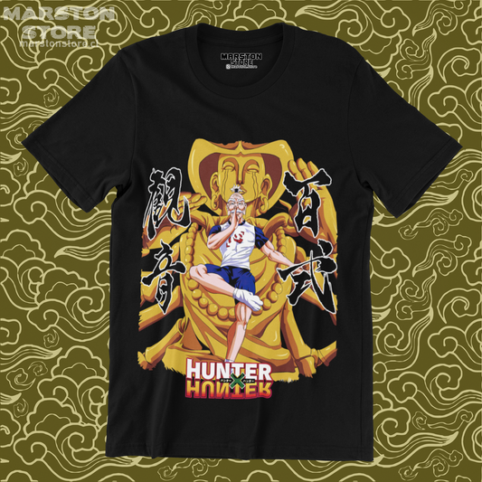 Polera negra Hunter x Hunter con diseño de Isaac Netero
