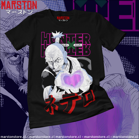 Polera negra Hunter x Hunter con diseño de Isaac Netero