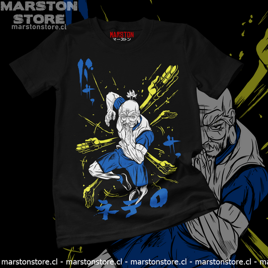 Polera negra Hunter x Hunter con diseño de Isaac Netero