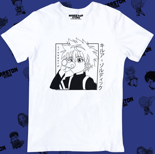 Polera blanca Hunter x Hunter con diseño de Killua Zoldyck