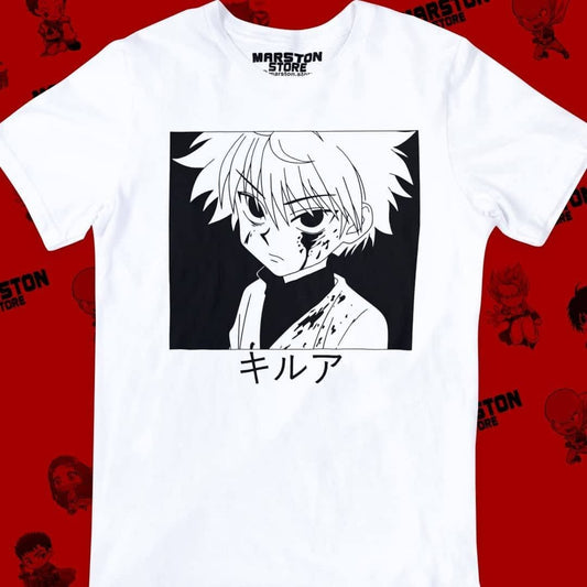 Polera blanca Hunter x Hunter con diseño de Killua Zoldyck