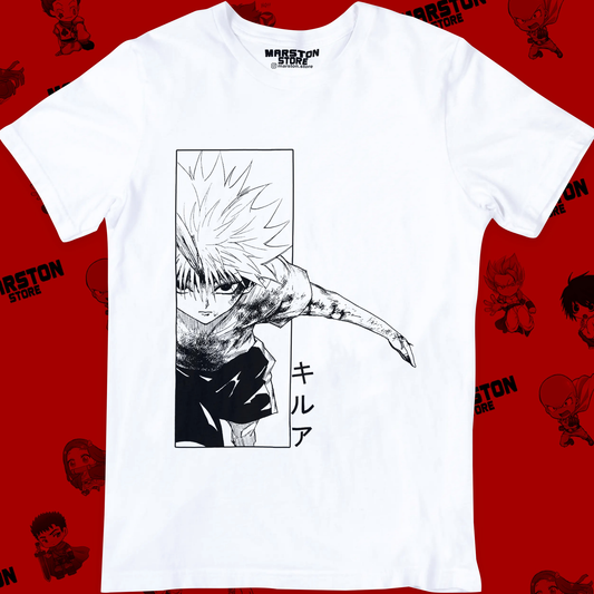 Polera blanca Hunter x Hunter con diseño de Killua Zoldyck