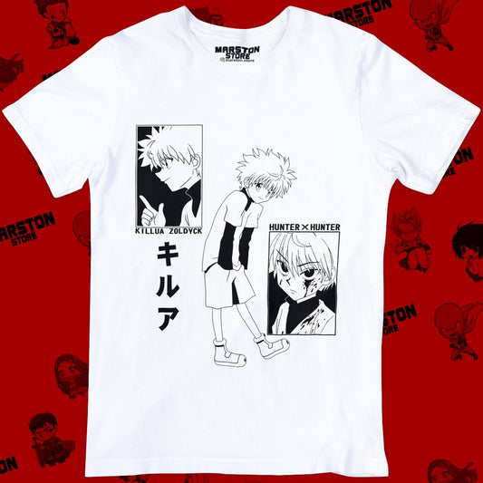 Polera blanca Hunter x Hunter con diseño de Killua Zoldyck