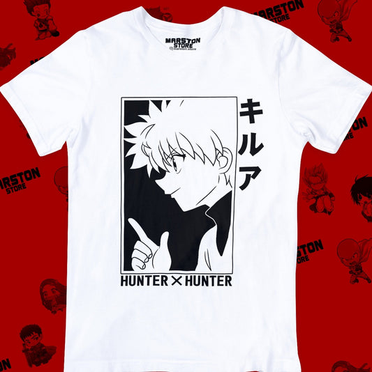 Polera blanca Hunter x Hunter con diseño de Killua Zoldyck