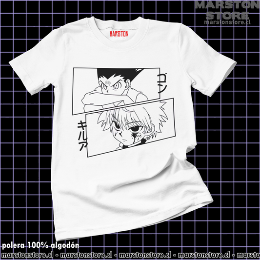 Polera blanca Hunter x Hunter con Killua Zoldyck y Gon Freecss