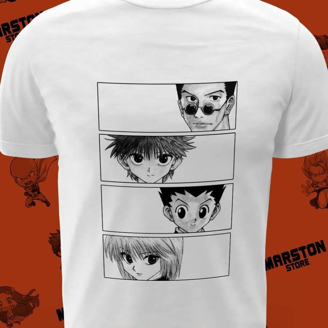 Polera blanca Hunter x Hunter con Killua Zoldyck, Gon Freecss, Leorio y Kurapika