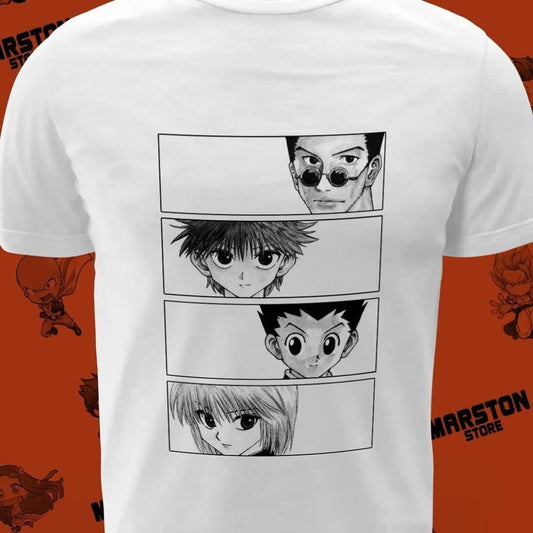 Polera blanca Hunter x Hunter con Killua Zoldyck, Gon Freecss, Leorio y Kurapika