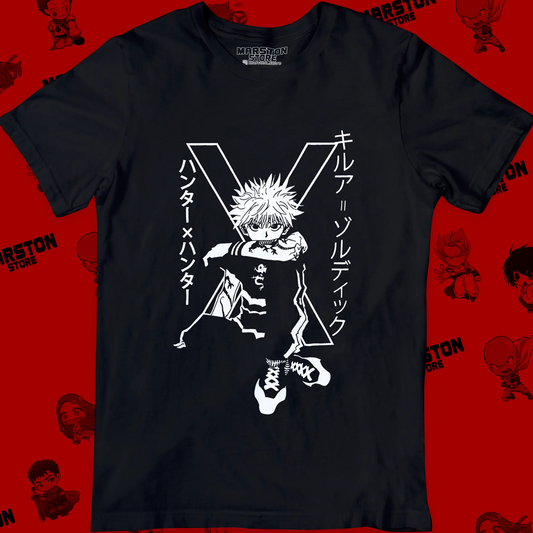Polera negra Hunter x Hunter con diseño de Killua Zoldyck