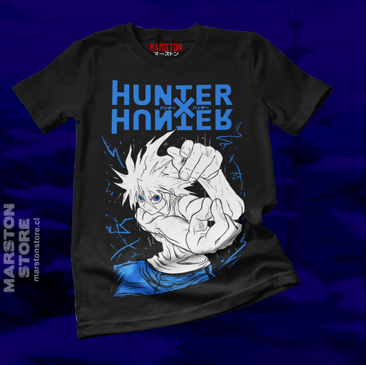 Polera negra Hunter x Hunter con diseño de Killua Zoldyck