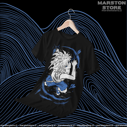 Polera negra Hunter x Hunter con diseño de Killua Zoldyck