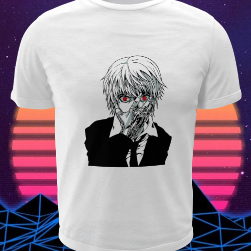 Polera blanca Hunter x Hunter con diseño de Kurapika