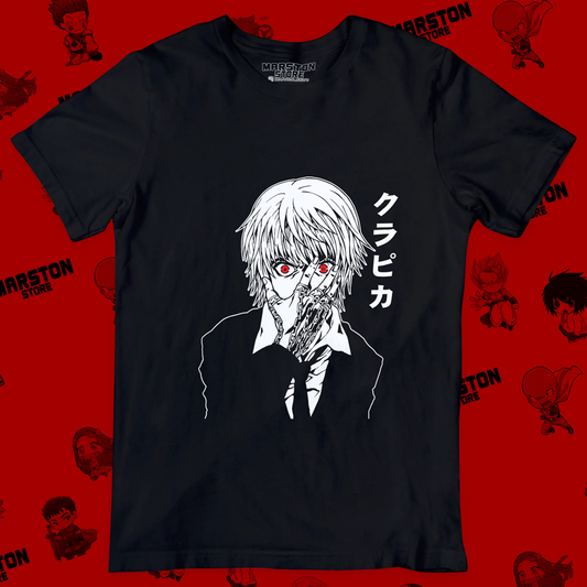 Polera negra Hunter x Hunter con diseño de Kurapika