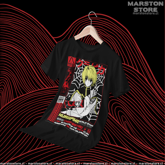 Polera negra Hunter x Hunter con diseño de Kurapika