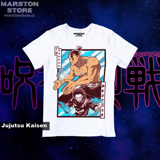 Polera blanca Jujutsu Kaisen con Aoi Todo y Yuji Itadori