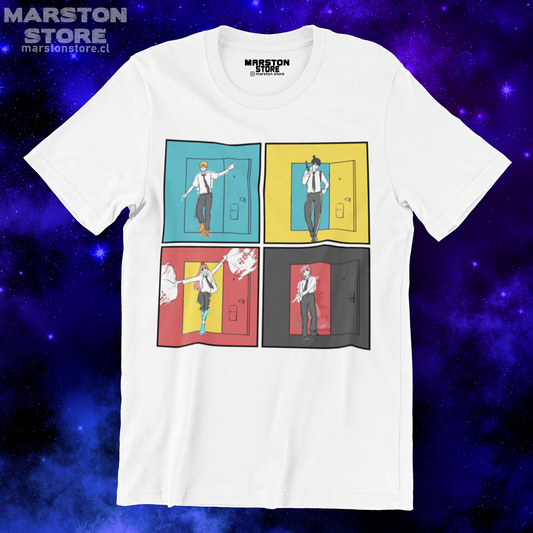 Polera blanca crossover Jujutsu Kaisen x Chainsaw Man con Denji, Power, Aki y Makima