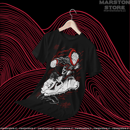 Polera negra crossover Jujutsu Kaisen x Chainsaw Man con Denji y Yuji Itadori