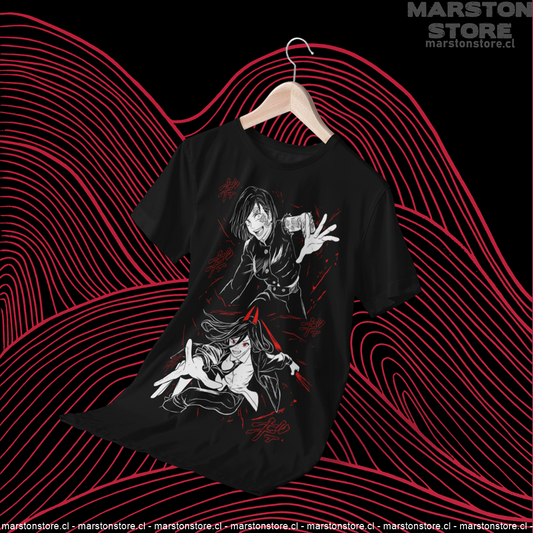 Polera negra crossover Jujutsu Kaisen x Chainsaw Man con Nobara Kugisaki y Power