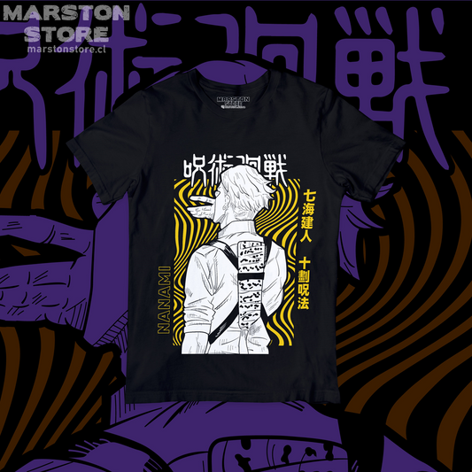 Polera negra Jujutsu Kaisen con diseño de Kento Nanami