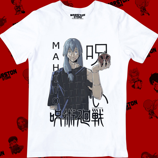 Polera blanca Jujutsu Kaisen con diseño de Mahito