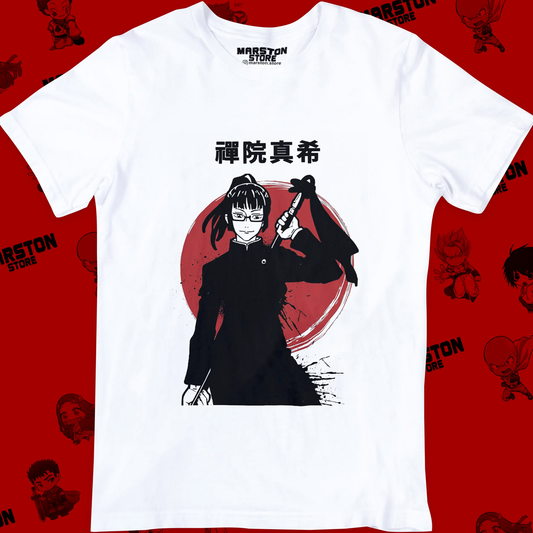 Polera blanca Jujutsu Kaisen con diseño de Maki Zenin