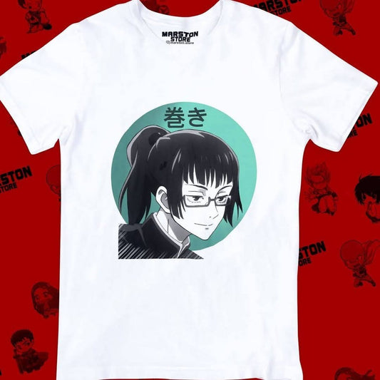 Polera blanca Jujutsu Kaisen con diseño de Maki Zenin