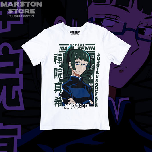 Polera blanca Jujutsu Kaisen con diseño de Maki Zenin