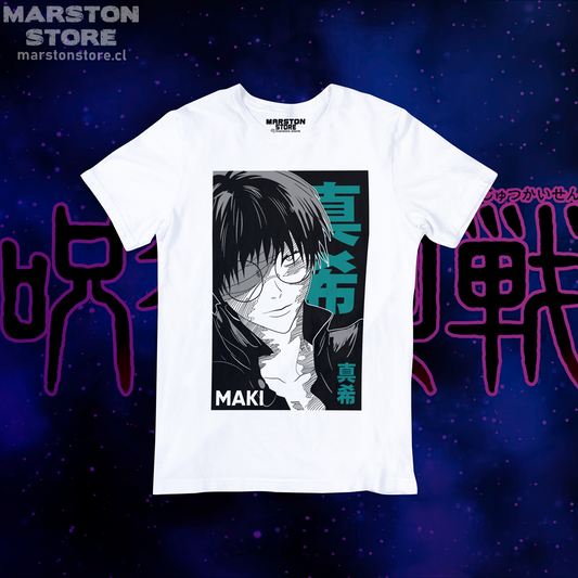 Polera blanca Jujutsu Kaisen con diseño de Maki Zenin
