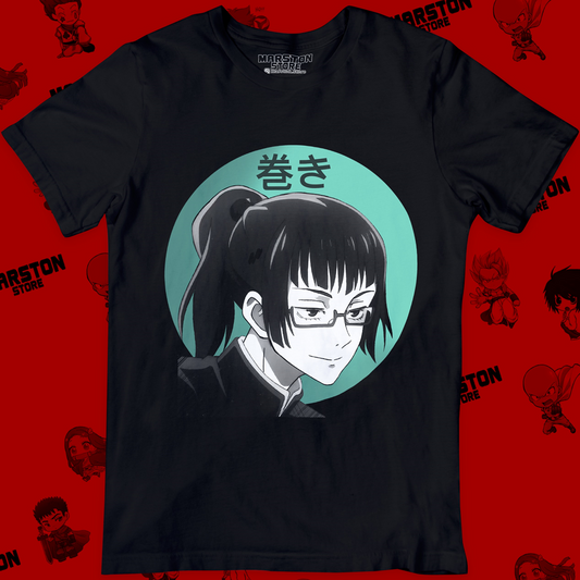 Polera negra Jujutsu Kaisen con diseño de Maki Zenin