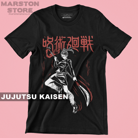 Polera negra Jujutsu Kaisen con diseño de Maki Zenin