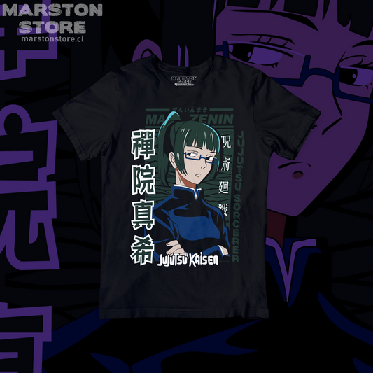 Polera negra Jujutsu Kaisen con diseño de Maki Zenin
