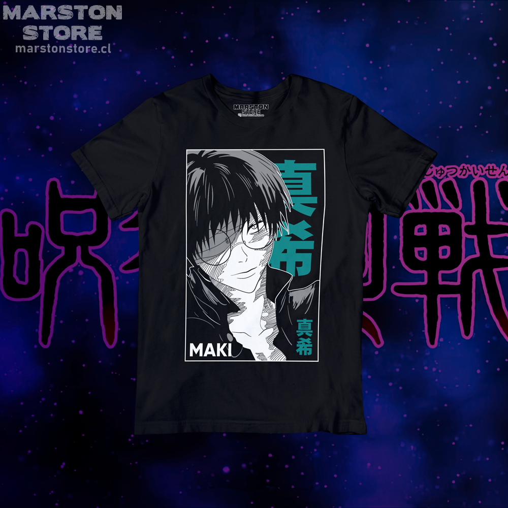 Polera negra Jujutsu Kaisen con diseño de Maki Zenin