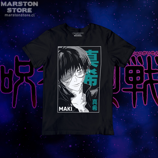 Polera negra Jujutsu Kaisen con diseño de Maki Zenin