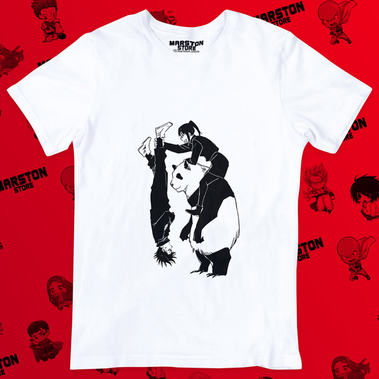 Polera blanca Jujutsu Kaisen con Maki Zenin, Panda y Megumi Fushiguro