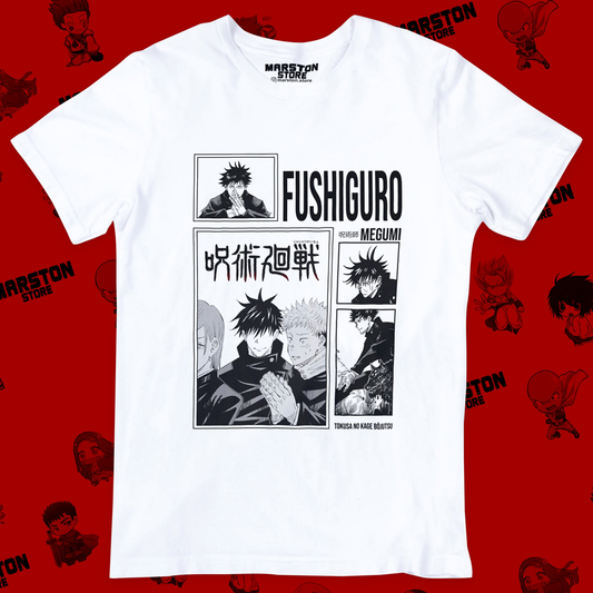 Polera blanca Jujutsu Kaisen con diseño de Megumi Fushiguro