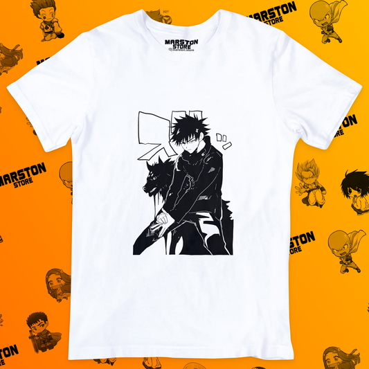 Polera blanca Jujutsu Kaisen con diseño de Megumi Fushiguro