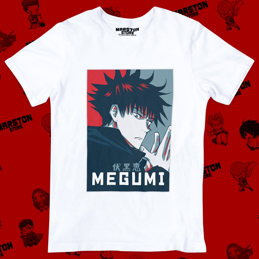 Polera blanca Jujutsu Kaisen con diseño de Megumi Fushiguro