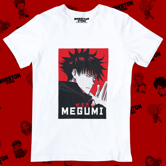 Polera blanca Jujutsu Kaisen con diseño de Megumi Fushiguro