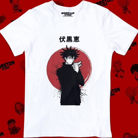 Polera blanca Jujutsu Kaisen con diseño de Megumi Fushiguro